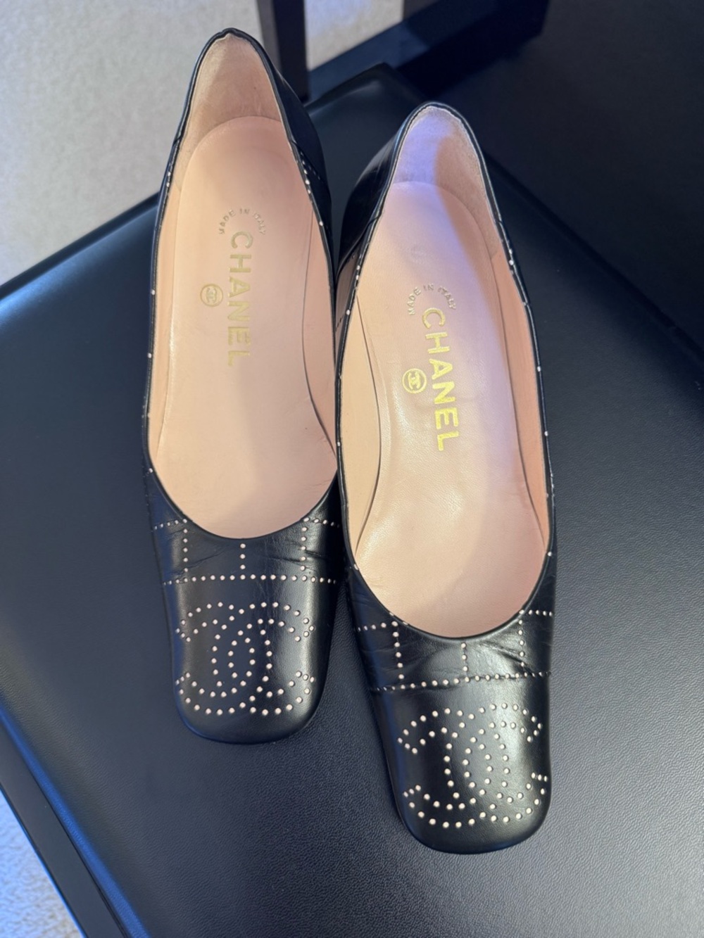 ✨ CHANEL Vintage Perforated Leather Square-Toe Pumps / Heels